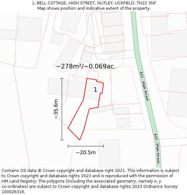 1, BELL COTTAGE, HIGH STREET, NUTLEY, UCKFIELD, TN22 3NF: Plot and title map