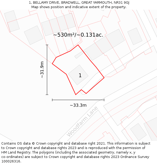 1, BELLAMY DRIVE, BRADWELL, GREAT YARMOUTH, NR31 9GJ: Plot and title map