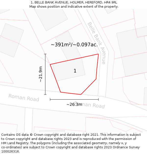 1, BELLE BANK AVENUE, HOLMER, HEREFORD, HR4 9RL: Plot and title map