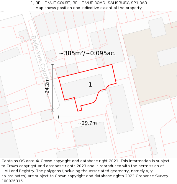 1, BELLE VUE COURT, BELLE VUE ROAD, SALISBURY, SP1 3AR: Plot and title map