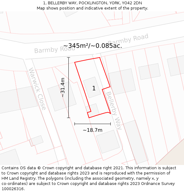 1, BELLERBY WAY, POCKLINGTON, YORK, YO42 2DN: Plot and title map