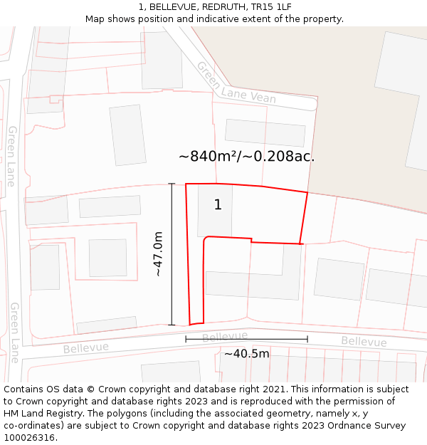 1, BELLEVUE, REDRUTH, TR15 1LF: Plot and title map