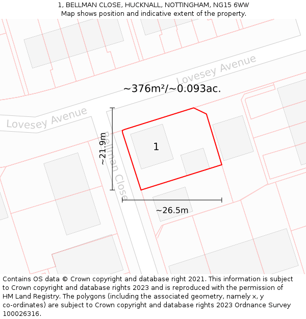 1, BELLMAN CLOSE, HUCKNALL, NOTTINGHAM, NG15 6WW: Plot and title map