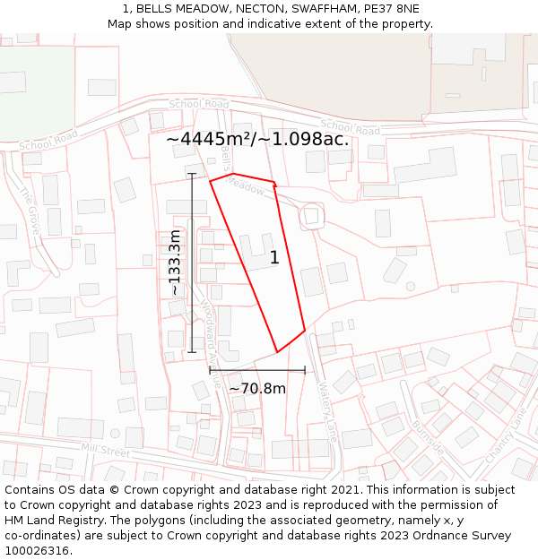1, BELLS MEADOW, NECTON, SWAFFHAM, PE37 8NE: Plot and title map