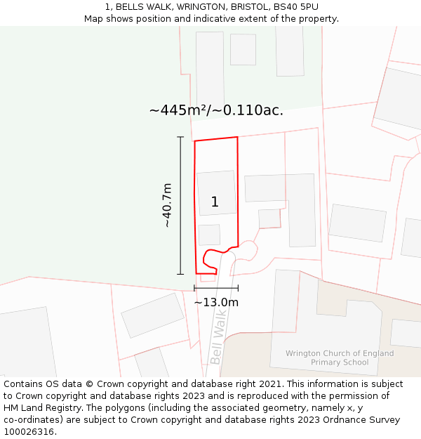 1, BELLS WALK, WRINGTON, BRISTOL, BS40 5PU: Plot and title map