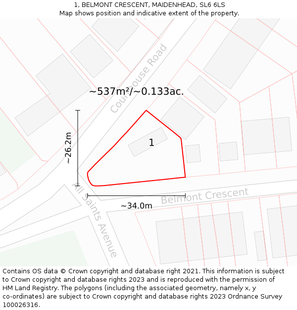 1, BELMONT CRESCENT, MAIDENHEAD, SL6 6LS: Plot and title map
