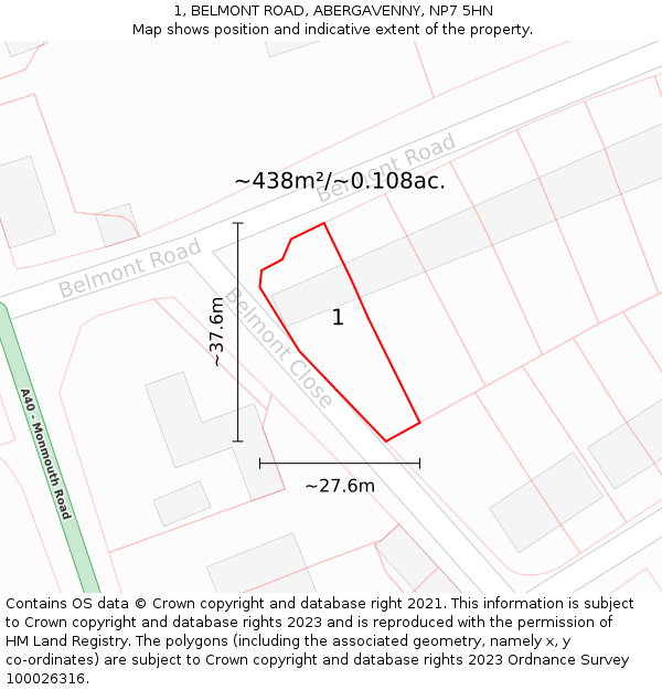 1, BELMONT ROAD, ABERGAVENNY, NP7 5HN: Plot and title map