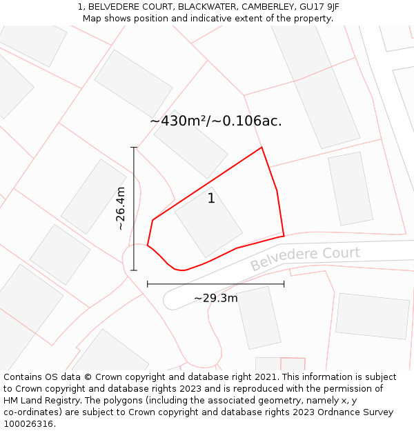 1, BELVEDERE COURT, BLACKWATER, CAMBERLEY, GU17 9JF: Plot and title map