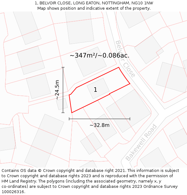 1, BELVOIR CLOSE, LONG EATON, NOTTINGHAM, NG10 1NW: Plot and title map