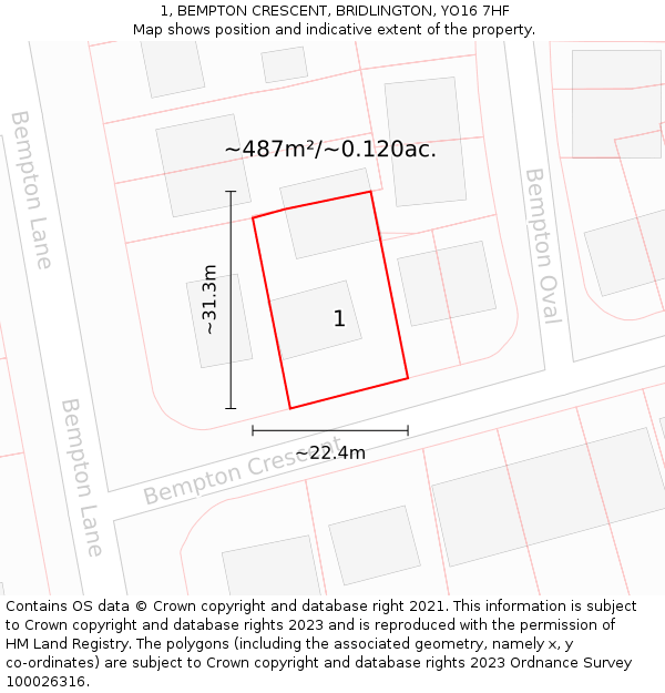 1, BEMPTON CRESCENT, BRIDLINGTON, YO16 7HF: Plot and title map