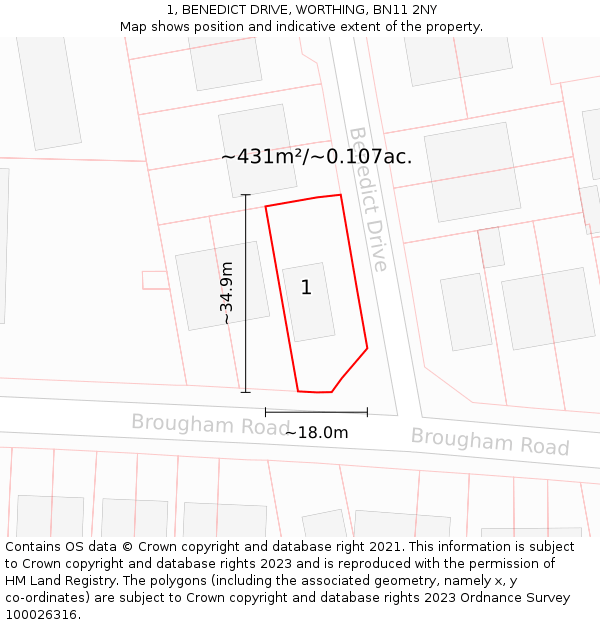 1, BENEDICT DRIVE, WORTHING, BN11 2NY: Plot and title map