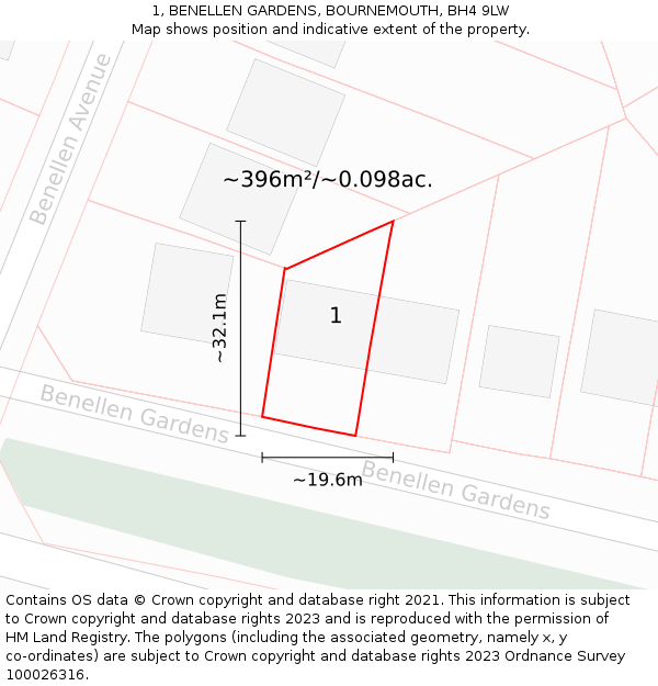 1, BENELLEN GARDENS, BOURNEMOUTH, BH4 9LW: Plot and title map