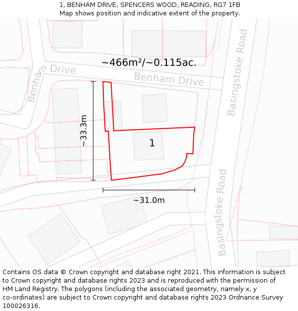 1, BENHAM DRIVE, SPENCERS WOOD, READING, RG7 1FB: Plot and title map