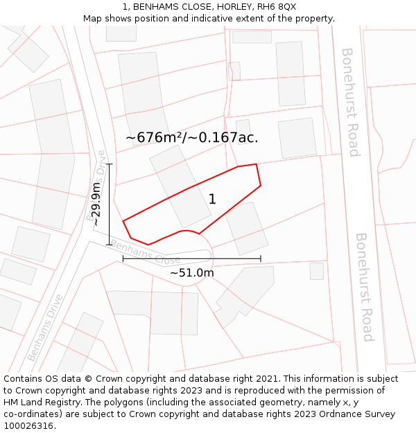 1, BENHAMS CLOSE, HORLEY, RH6 8QX: Plot and title map