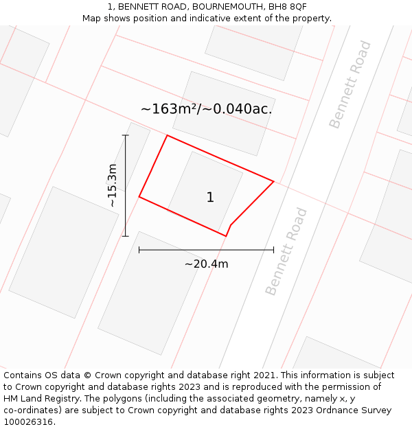 1, BENNETT ROAD, BOURNEMOUTH, BH8 8QF: Plot and title map