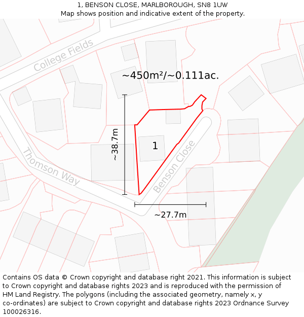 1, BENSON CLOSE, MARLBOROUGH, SN8 1UW: Plot and title map