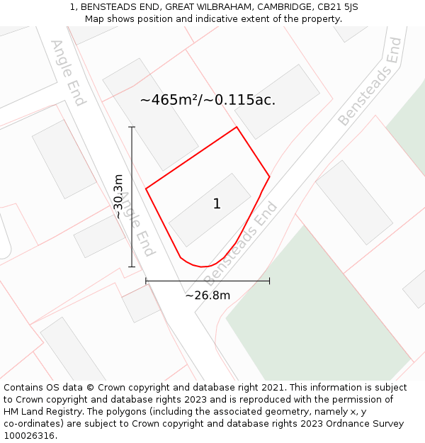 1, BENSTEADS END, GREAT WILBRAHAM, CAMBRIDGE, CB21 5JS: Plot and title map