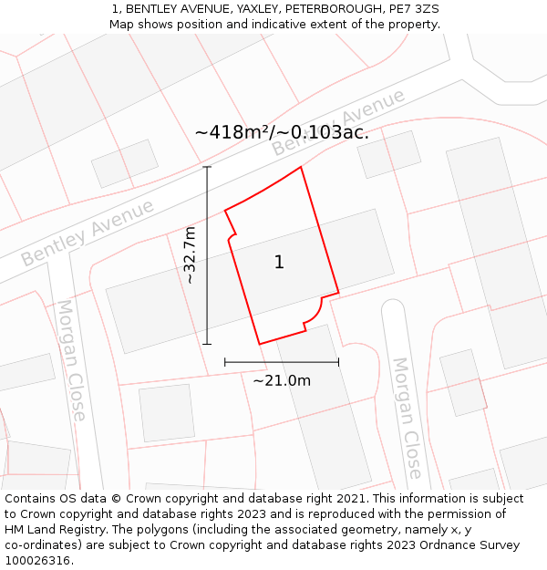 1, BENTLEY AVENUE, YAXLEY, PETERBOROUGH, PE7 3ZS: Plot and title map