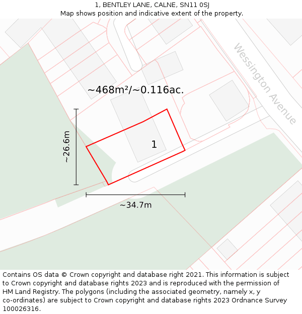 1, BENTLEY LANE, CALNE, SN11 0SJ: Plot and title map