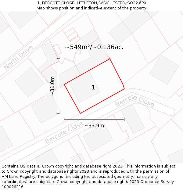 1, BERCOTE CLOSE, LITTLETON, WINCHESTER, SO22 6PX: Plot and title map