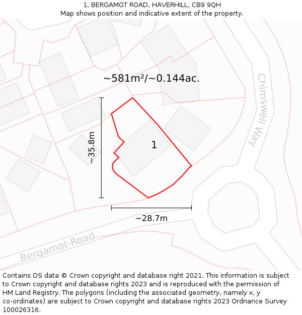 1, BERGAMOT ROAD, HAVERHILL, CB9 9QH: Plot and title map