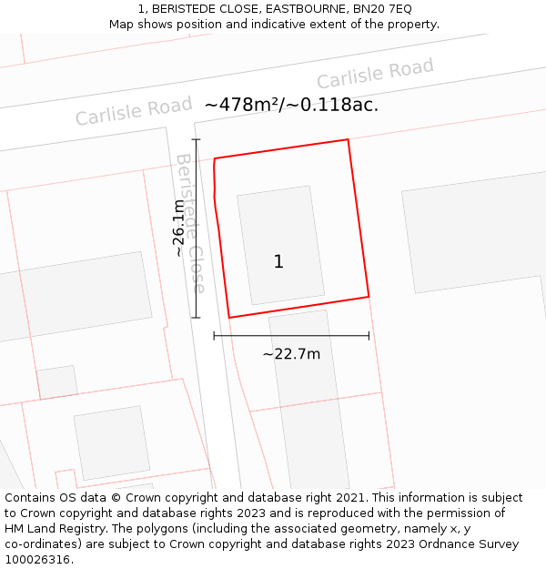 1, BERISTEDE CLOSE, EASTBOURNE, BN20 7EQ: Plot and title map