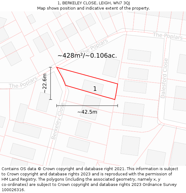 1, BERKELEY CLOSE, LEIGH, WN7 3QJ: Plot and title map