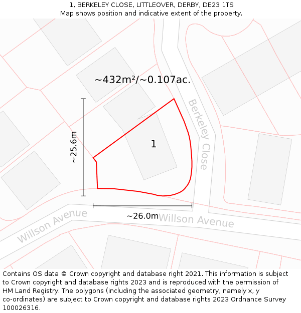 1, BERKELEY CLOSE, LITTLEOVER, DERBY, DE23 1TS: Plot and title map