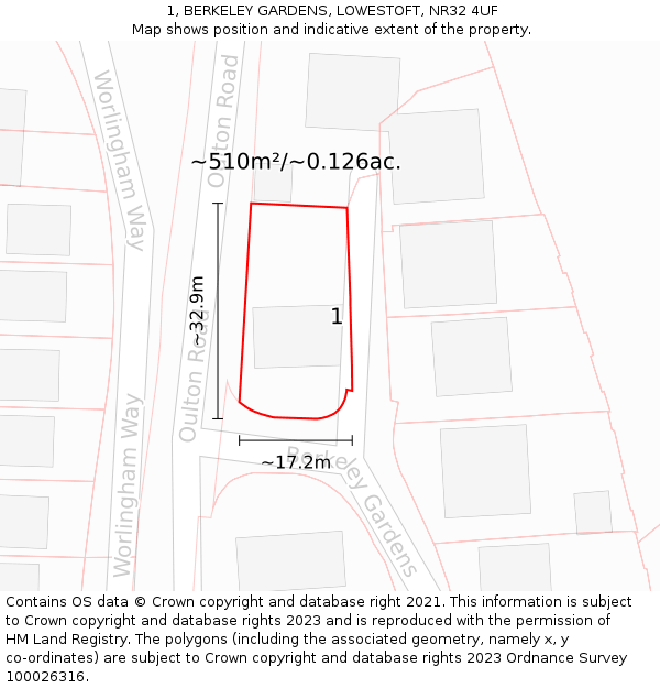 1, BERKELEY GARDENS, LOWESTOFT, NR32 4UF: Plot and title map