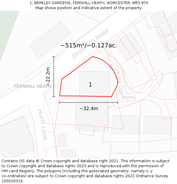1, BERKLEY GARDENS, FERNHILL HEATH, WORCESTER, WR3 8TX: Plot and title map