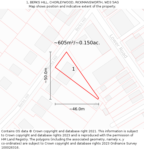 1, BERKS HILL, CHORLEYWOOD, RICKMANSWORTH, WD3 5AG: Plot and title map