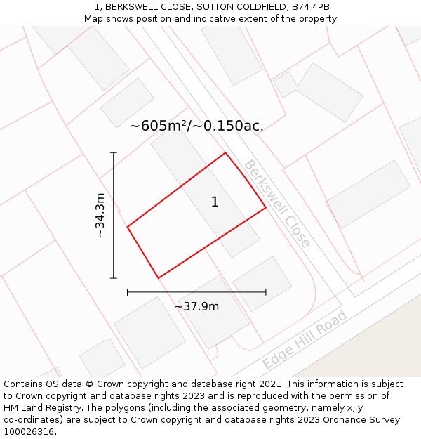 1, BERKSWELL CLOSE, SUTTON COLDFIELD, B74 4PB: Plot and title map