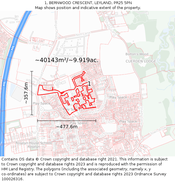 1, BERNWOOD CRESCENT, LEYLAND, PR25 5PN: Plot and title map