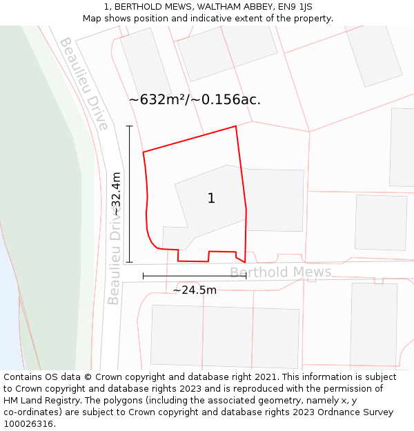 1, BERTHOLD MEWS, WALTHAM ABBEY, EN9 1JS: Plot and title map