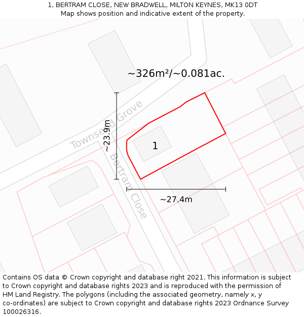 1, BERTRAM CLOSE, NEW BRADWELL, MILTON KEYNES, MK13 0DT: Plot and title map