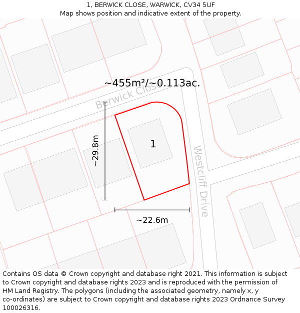 1, BERWICK CLOSE, WARWICK, CV34 5UF: Plot and title map