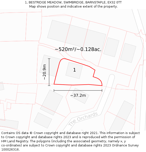1, BESTRIDGE MEADOW, SWIMBRIDGE, BARNSTAPLE, EX32 0TT: Plot and title map