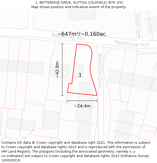 1, BETTERIDGE DRIVE, SUTTON COLDFIELD, B76 1FN: Plot and title map