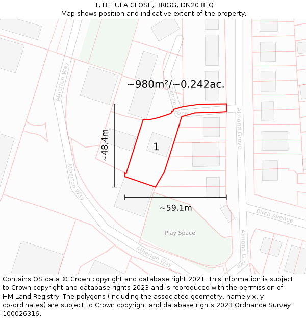 1, BETULA CLOSE, BRIGG, DN20 8FQ: Plot and title map