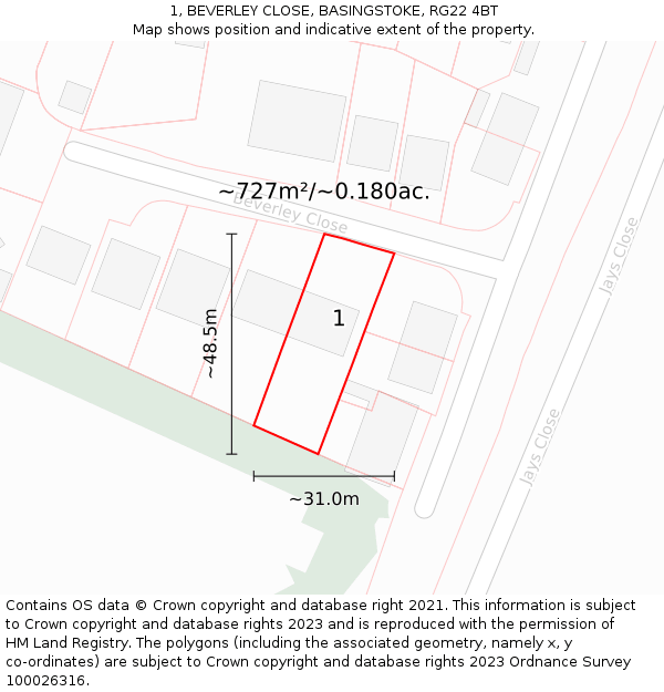 1, BEVERLEY CLOSE, BASINGSTOKE, RG22 4BT: Plot and title map