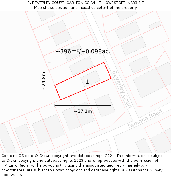 1, BEVERLEY COURT, CARLTON COLVILLE, LOWESTOFT, NR33 8JZ: Plot and title map