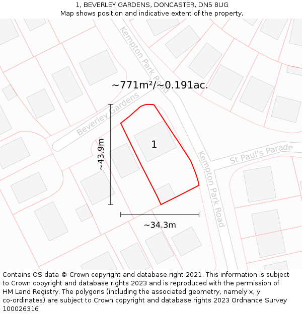1, BEVERLEY GARDENS, DONCASTER, DN5 8UG: Plot and title map