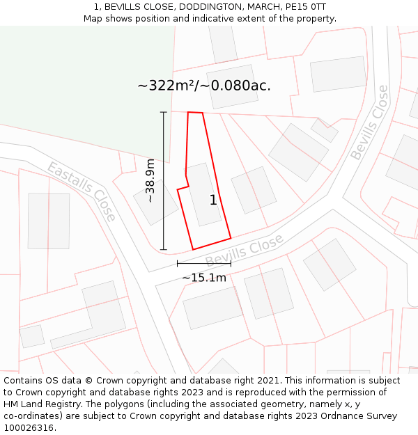 1, BEVILLS CLOSE, DODDINGTON, MARCH, PE15 0TT: Plot and title map