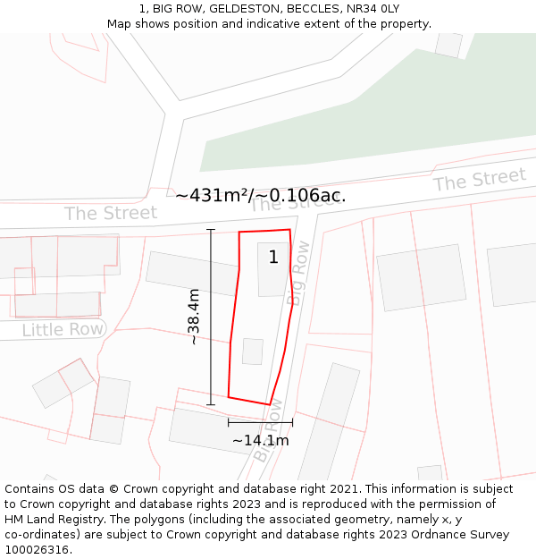 1, BIG ROW, GELDESTON, BECCLES, NR34 0LY: Plot and title map