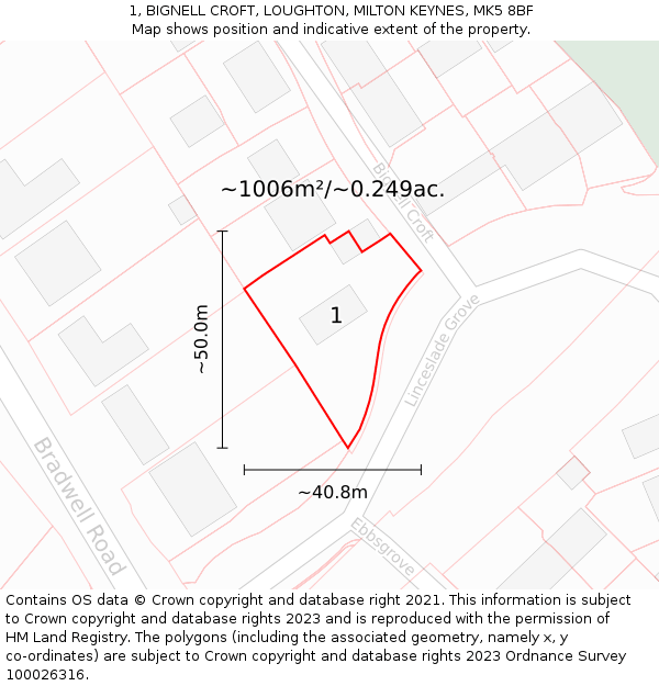 1, BIGNELL CROFT, LOUGHTON, MILTON KEYNES, MK5 8BF: Plot and title map