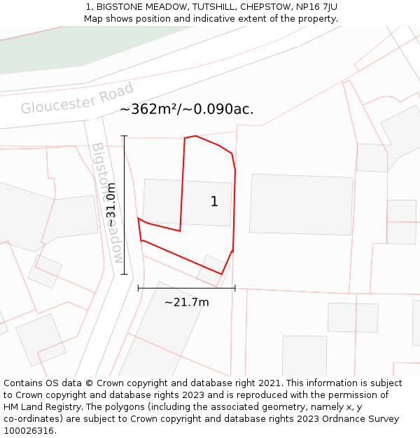 1, BIGSTONE MEADOW, TUTSHILL, CHEPSTOW, NP16 7JU: Plot and title map
