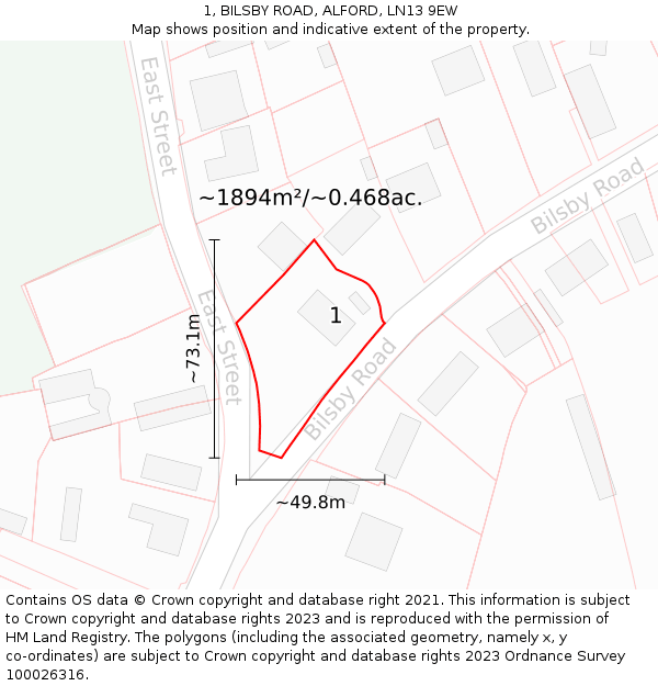 1, BILSBY ROAD, ALFORD, LN13 9EW: Plot and title map