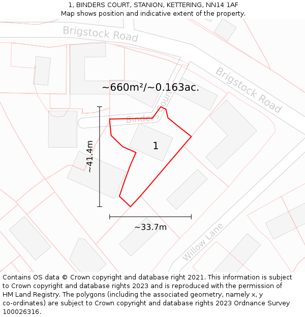 1, BINDERS COURT, STANION, KETTERING, NN14 1AF: Plot and title map