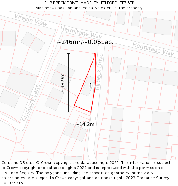 1, BIRBECK DRIVE, MADELEY, TELFORD, TF7 5TP: Plot and title map