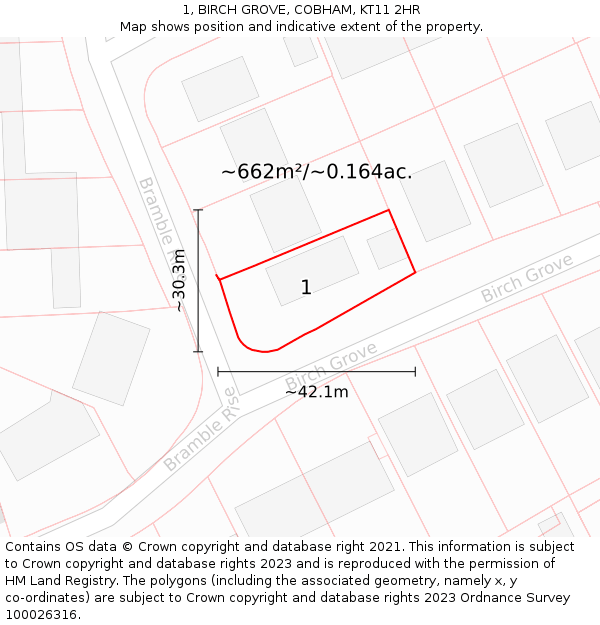 1, BIRCH GROVE, COBHAM, KT11 2HR: Plot and title map
